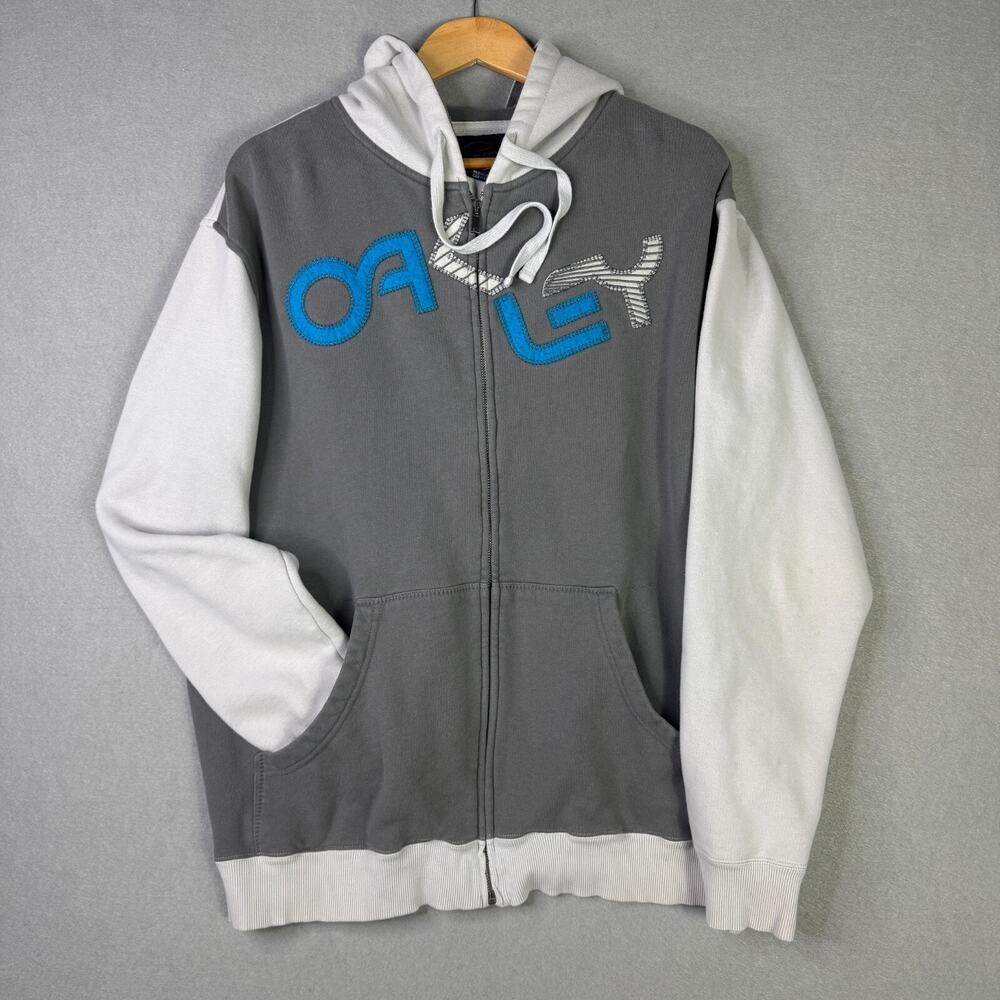 VTG Oakley Y2K Full Zip Hoodie Gray White Large L Big Logo Streetwear